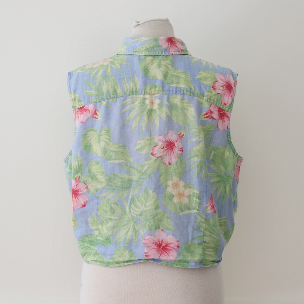 Lauren Ralph Lauren Floral Hibiscus Linen Button-Up Tie Top Blue Green Size 14? - Picture 2 of 6